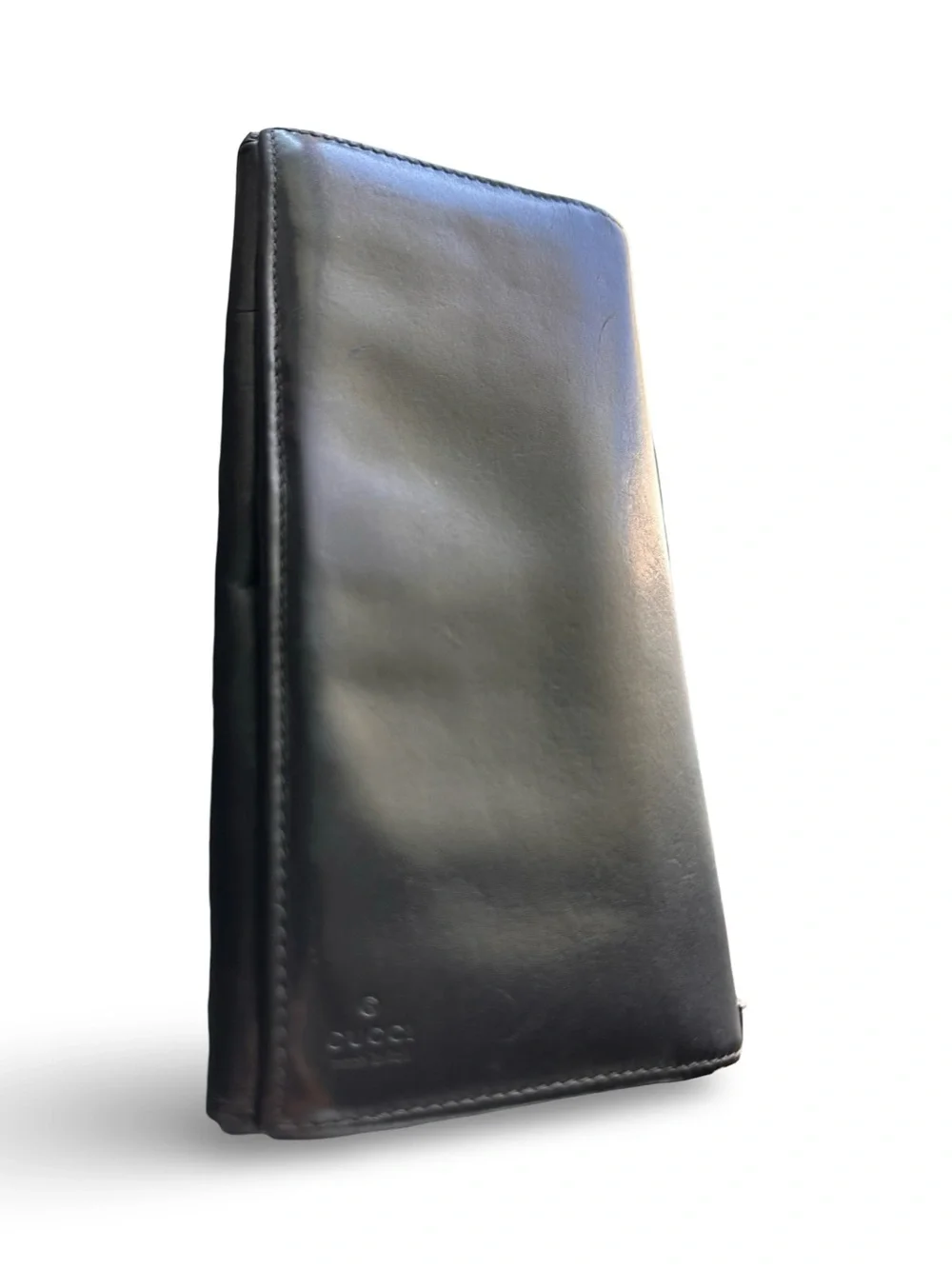 Gucci Smooth Black Leather Vertical Long Wallet with Sherry Web Stripe Edge Acce